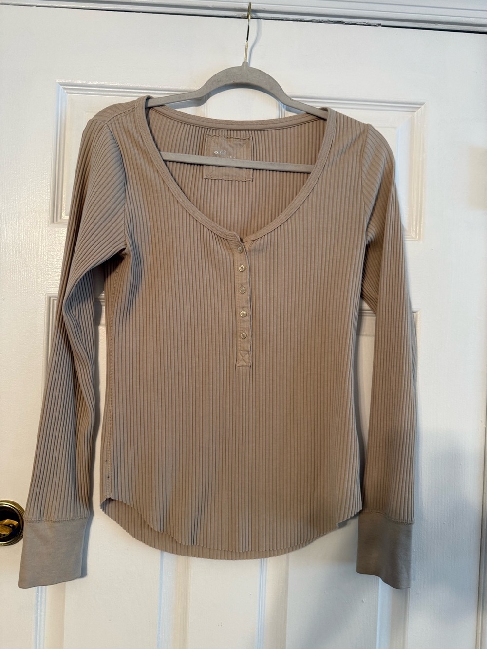 aerie Ribbed Long Sleeve Henley Top in Taupe